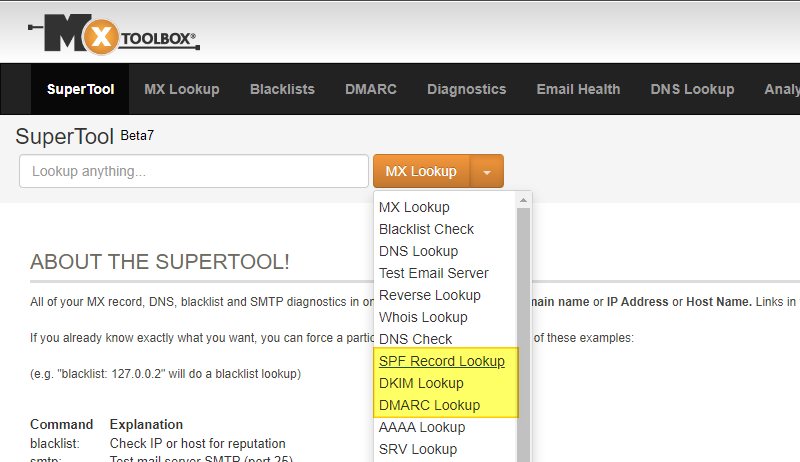 MxToolbox - Vérification SPF DMARC DKIM