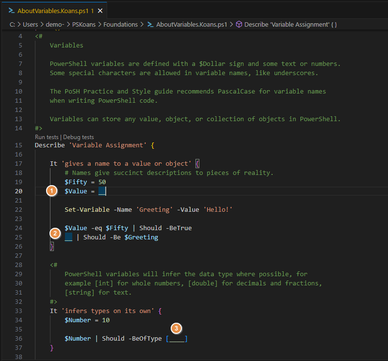 PowerShell Koans - Exercice sur les variables