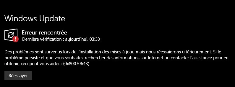 Windows 10 KB5034441 erreur 0x80070643 janvier 2024