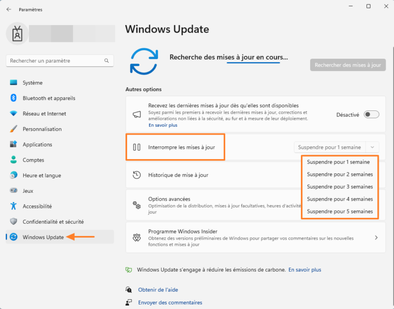 Windows Update - Désactiver option Interrompre les mises à jour