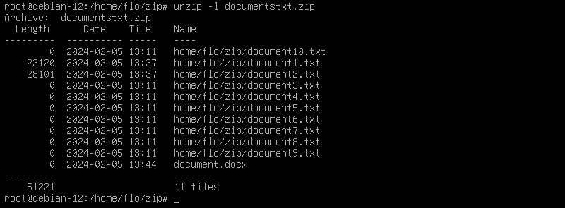 Affichier contenu archive ZIP avec unzip