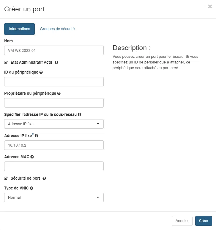 Infomaniak - OpenStack - Créer un port - Etape 2