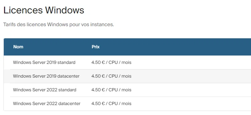 Infomaniak - Public Cloud - Tarif Windows Server
