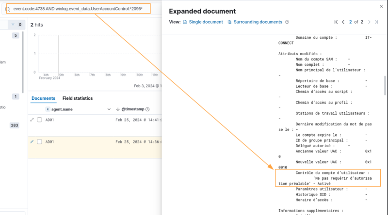 Visualisation de l'eventID 4738 relatif à l'ajout de l'attribut "Do not requiere kebreroas pre-authentication" dans ElasticSearch.