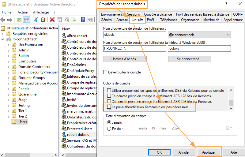 Désactivation de l'attribut "Do not require Kerberos preauthentication" sur l'Active Directory.