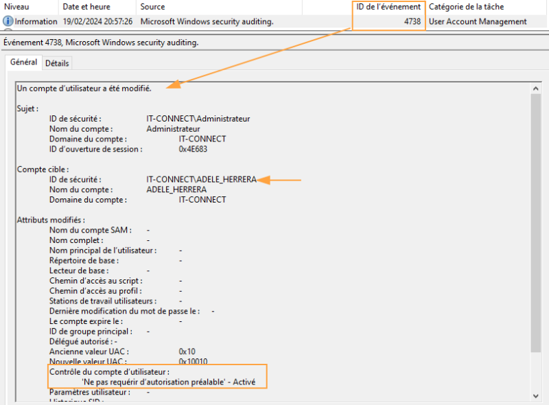 Journalisation de la modification d'un attribut utilisateur via l'eventID 4738.