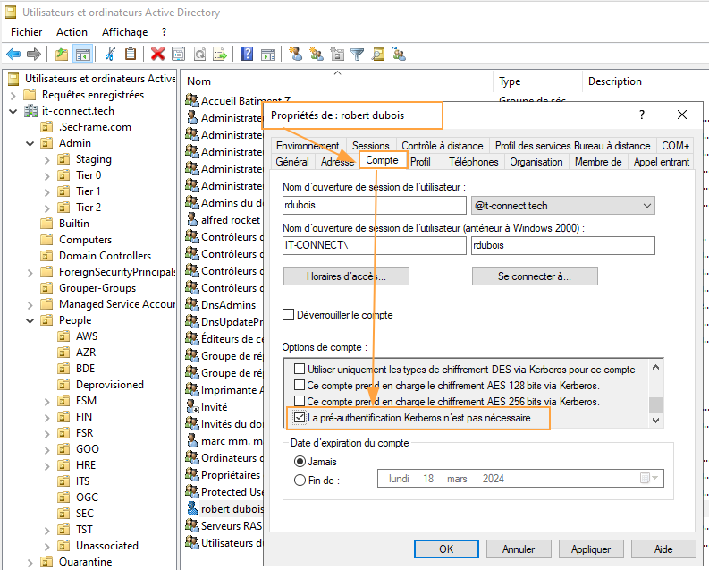 Configuration de l'attribut "Do not require Kerberos preauthentication" sur un compte utilisateur.