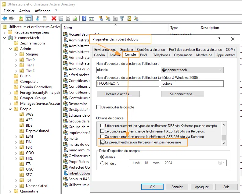 Configuration de l'attribut "Do not require Kerberos preauthentication" sur un compte utilisateur.