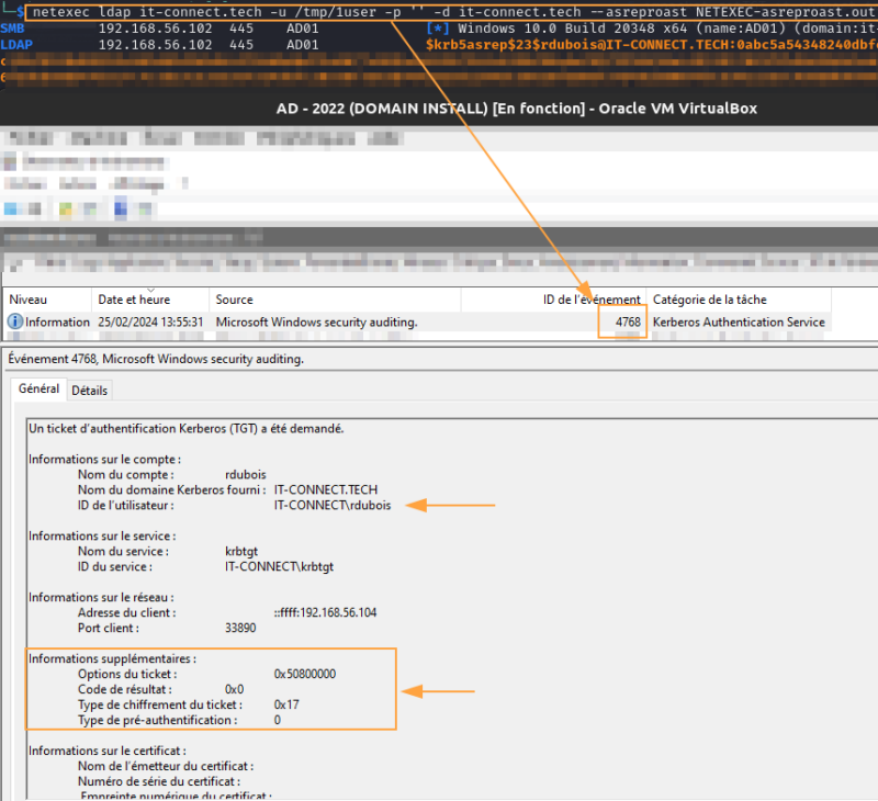 EventID 4768 suite à une demande et émission de TGT à la suite d'une attaque ASREPROast via "netexec"