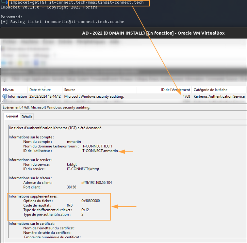 EventID 4768 suite à une demande et émission de TGT classique, avec authentification.