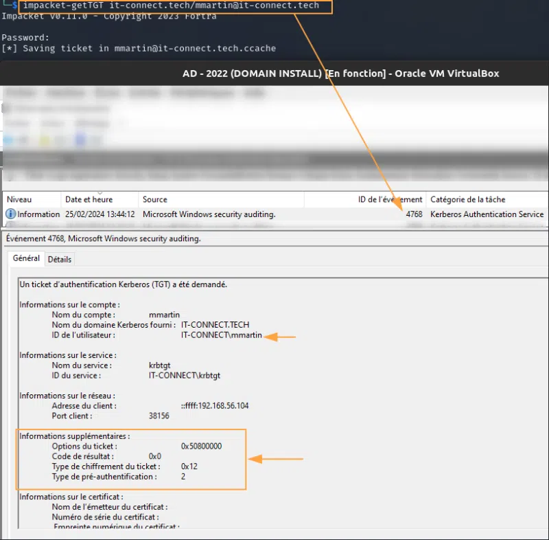 EventID 4768 suite à une demande et émission de TGT classique, avec authentification.