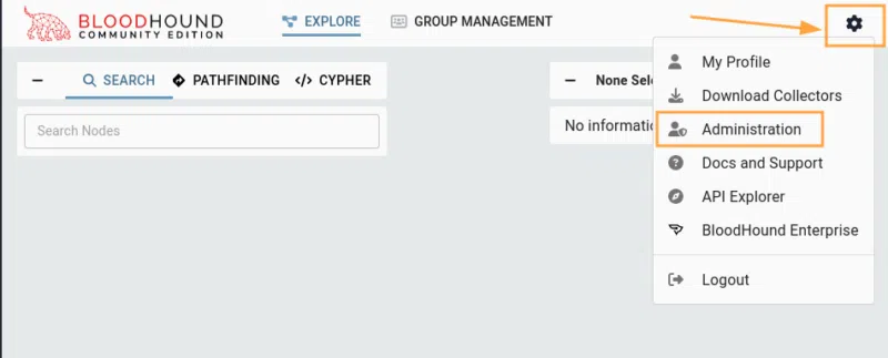 Accès au menu d'administration dans l'interface web de BloodHound.