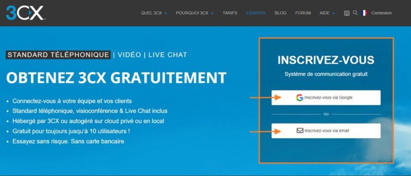 3CX Offre gratuite - Inscription