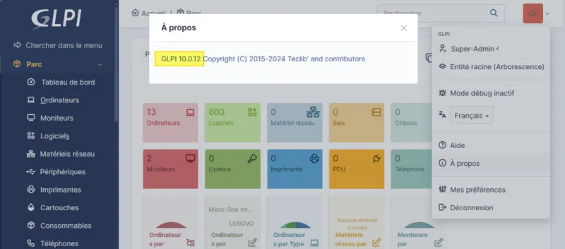 GLPI - Mise à jour effectuée avec succès