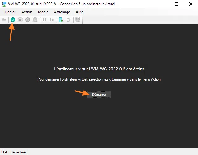 Gestionnaire Hyper-V - Démarrer une VM