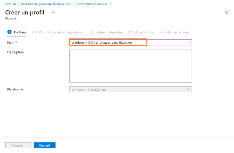 Intune - Stratégie BitLocker - Nom et description