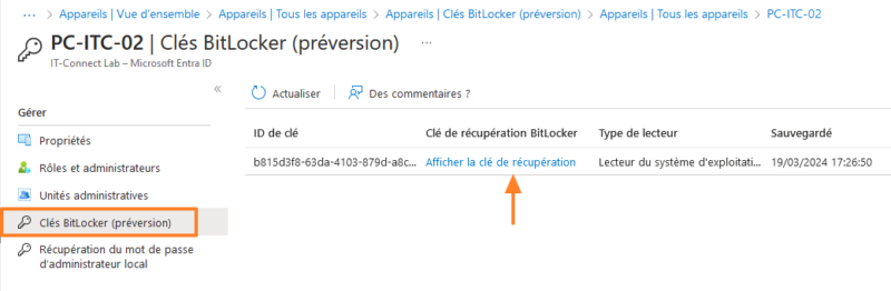 Microsoft Entra ID - Clés BitLocker pour Windows