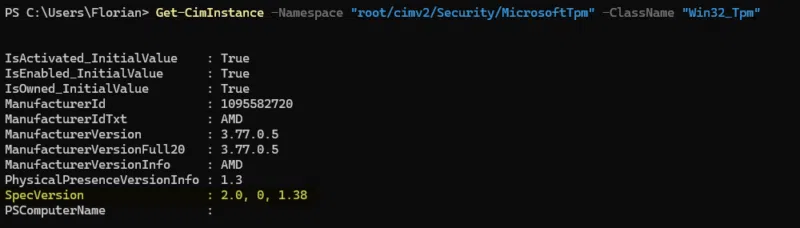 PowerShell - Get-CimInstance - Version TPM