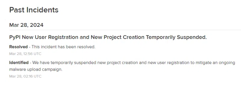 PyPI - Inscription bloquée 28 mars 2024