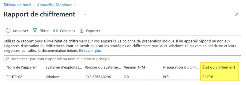 Suivi déploiement BitLocker avec Intune - Chiffré