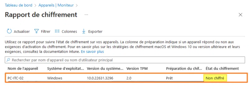 Suivi déploiement BitLocker avec Intune - Non chiffré