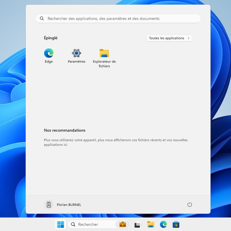 Windows 11 - Menu démarrer par défaut - Exemple