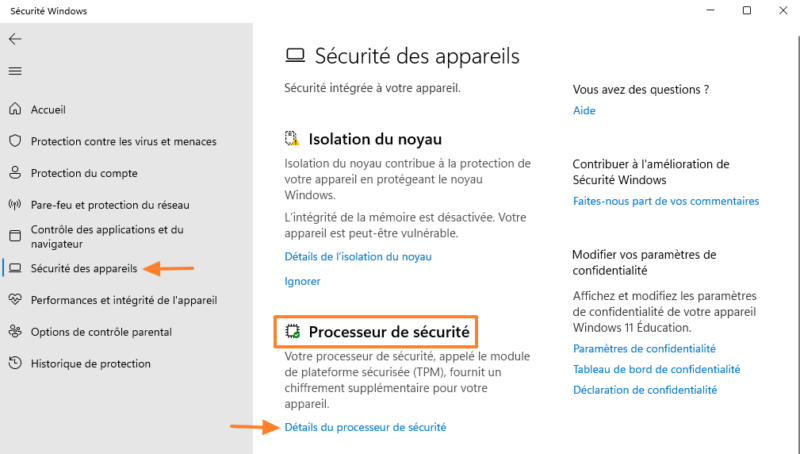 Windows - Vérifier état puce TPM avec Sécurité Windows