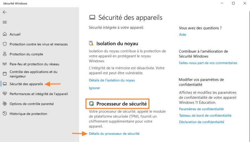 Windows - Vérifier état puce TPM avec Sécurité Windows