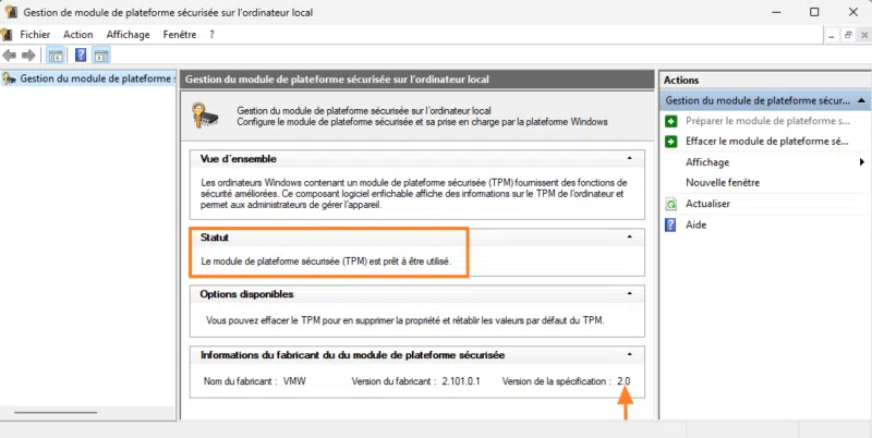 Windows - Vérifier état puce TPM avec tpm.msc