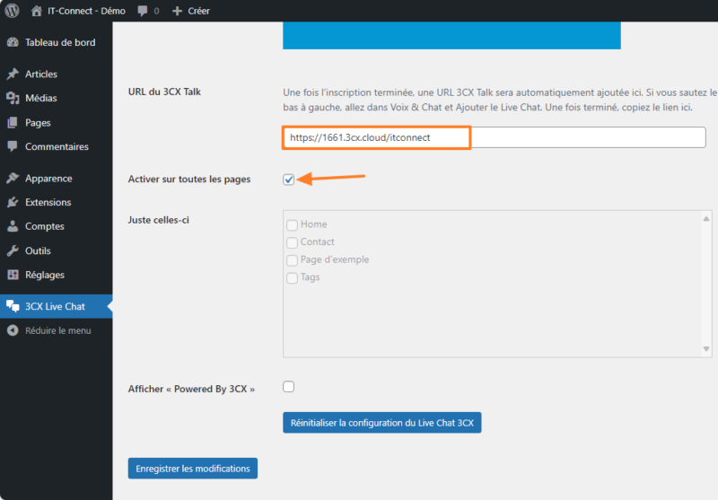 WordPress - Indiquer URL instance 3CX pour LiveChat
