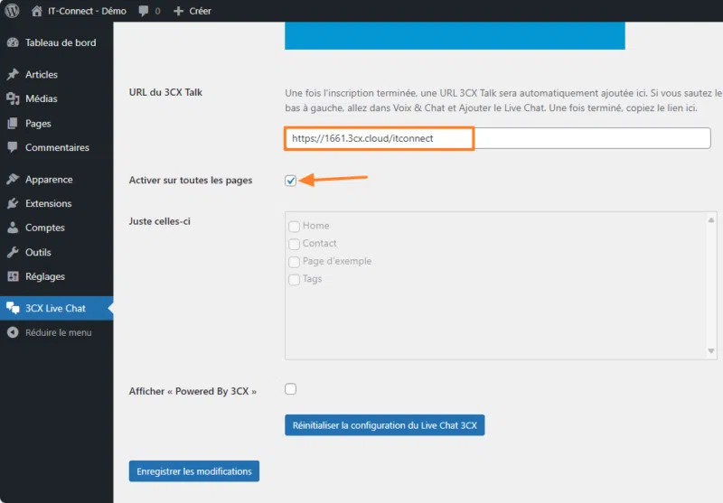 WordPress - Indiquer URL instance 3CX pour LiveChat
