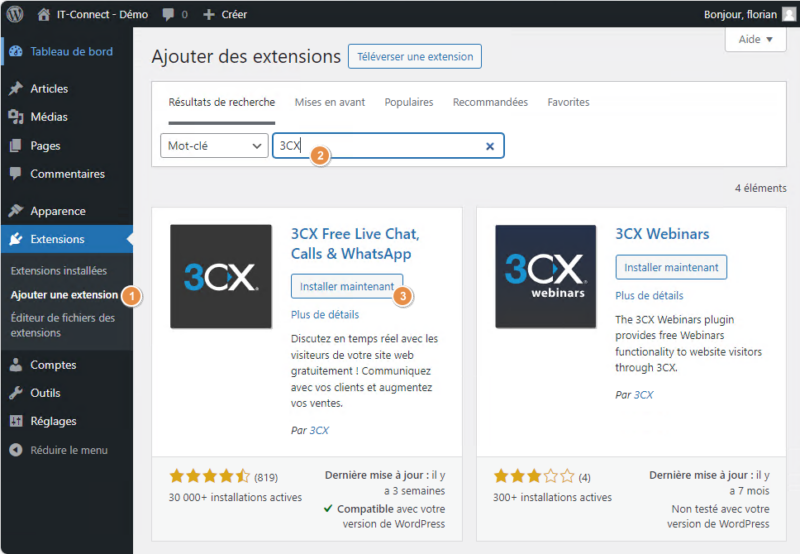WordPress - Installer extension 3CX