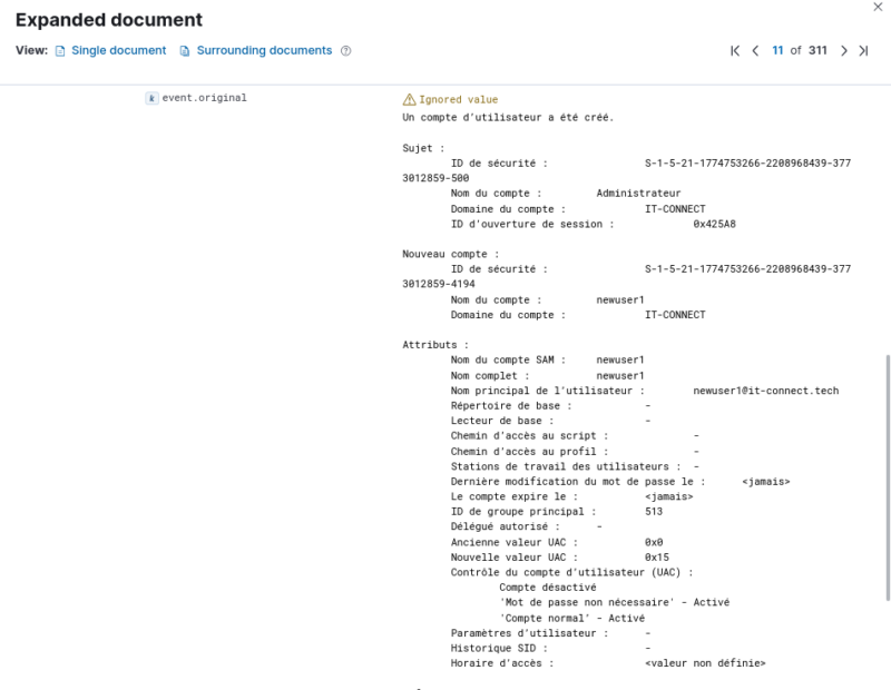 Contenu de l'event 4720 suite à la création d'un nouve utilisateur.