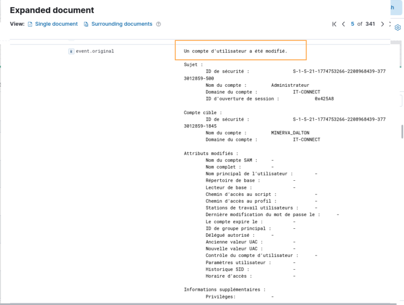 Contenu de l'event 4738 suite à la modification de la description d'un utilisateur existant.
