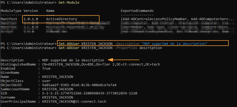Modification via "Set-ADUser", puis contrôle de la description d'un utilisateur en PowerShell.
