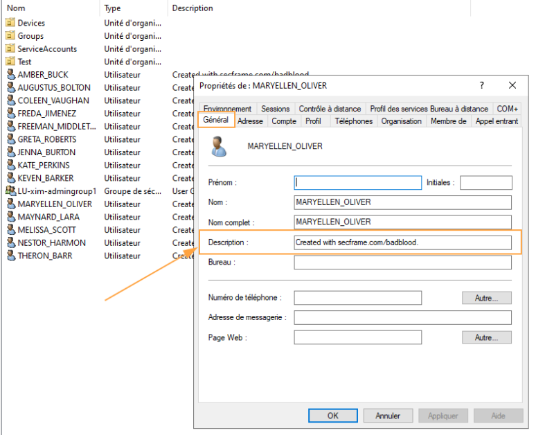 Accès à l'attribut "description" d'un objet utilisateur au sein de l'Active Directory.