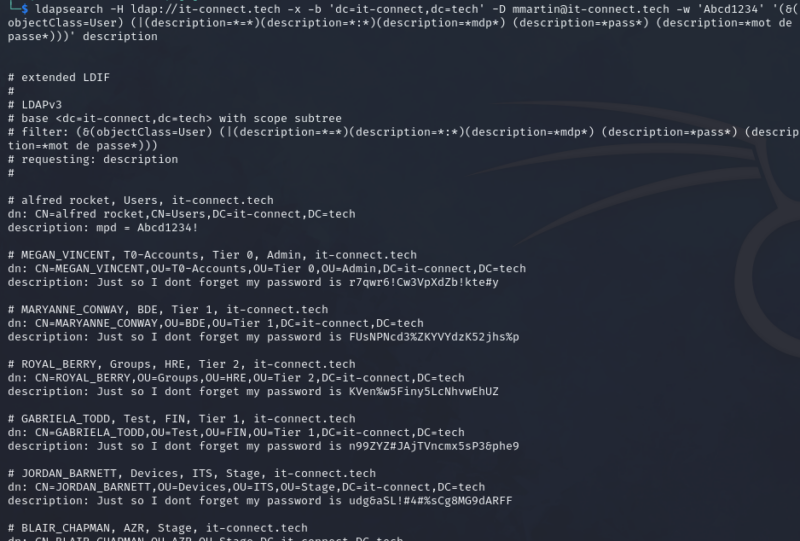 Utilisation de "ldapsearch" et de filtres pour identifier les mots de passe dans les descriptions.