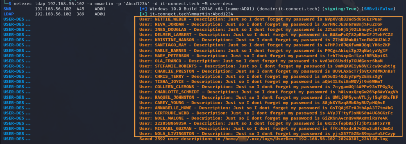 Utilisation de netexec pour extraire les descriptions des objets utilisateurs.