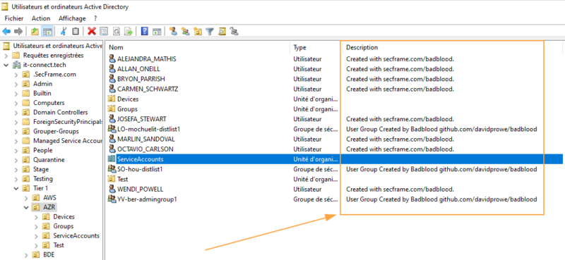 VIsualisation des attributs descriptsion des objets d'un OU sur le contrôleur de domaine.
