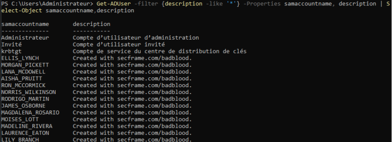 Récupération de la liste des utilisateurs et de leur description avec Get-ADUser.