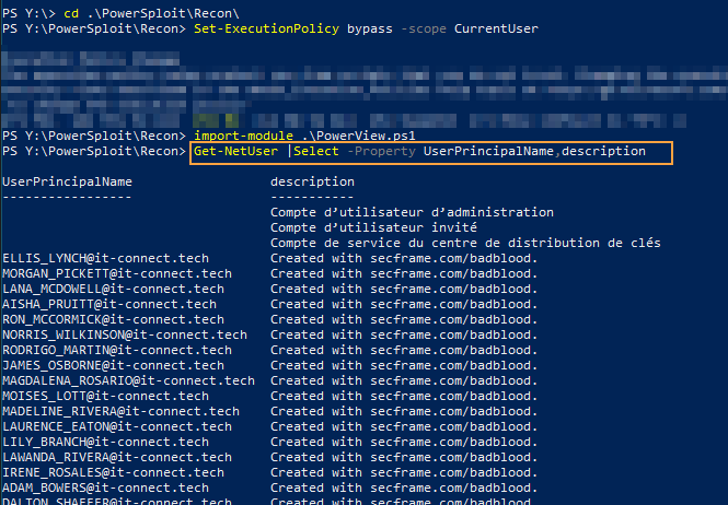 Récupération des descriptions des objets utilisateur de l'AD via "PowerSploit" et "Get-NetUser".