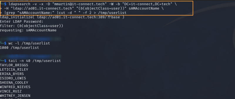 Extraction des utilisateurs de l'Active Directory avec un compte valide sur le domaine via "ldapsearch".