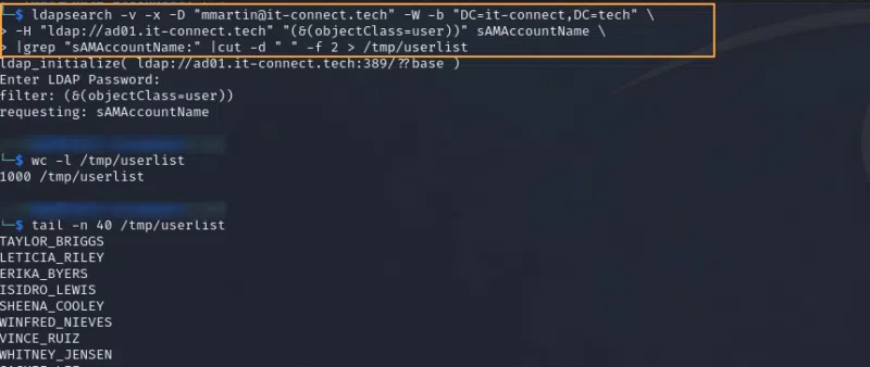 Extraction des utilisateurs de l'Active Directory avec un compte valide sur le domaine via "ldapsearch".