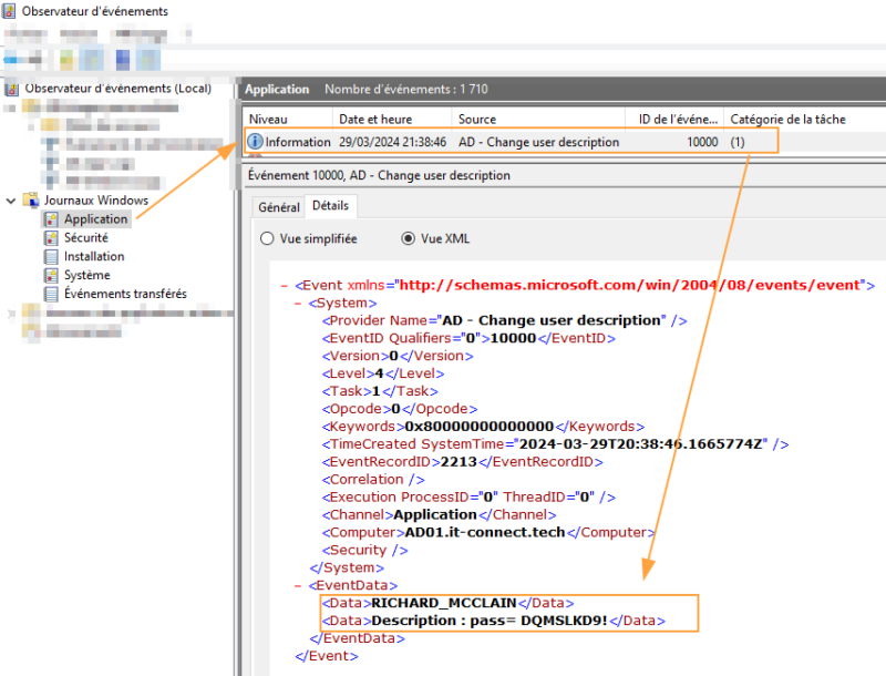Journalisation d'une description modifiée dans un évènement 10000.