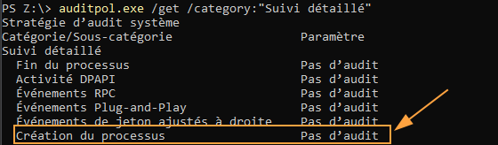Visualisation de l'état de la stratégie d'audit par défaut Windows concernant la "création du processus".