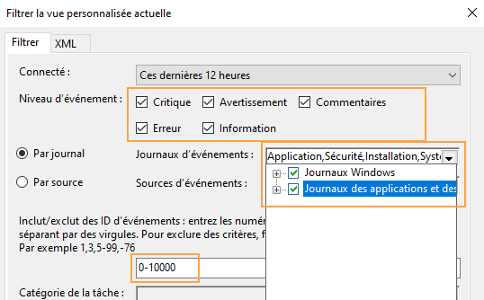 Création d'un filtre permettant de voir tous les évènements Windows.