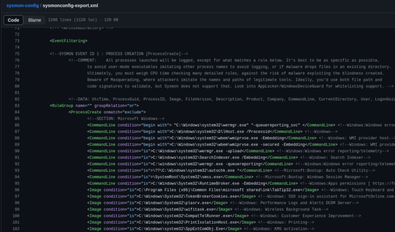 Extrait de la configuration Sysmon proposée par "SwitfOnSecurity".