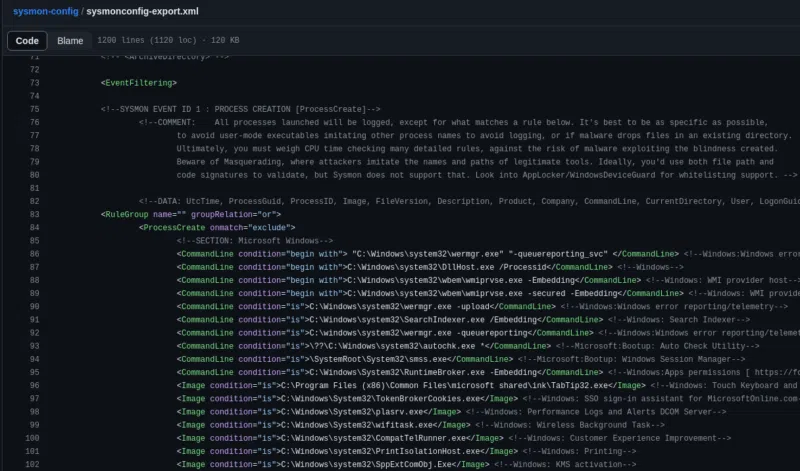 Extrait de la configuration Sysmon proposée par "SwitfOnSecurity".