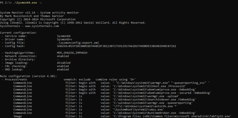 Affichage de la configuration SwiftOnSecurity importée dans Sysmon.